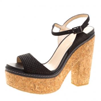 Pre Owned Jimmy Choo Black Embossed Suede Naylor Platform Cork Ankle Strap Sandals Size 41