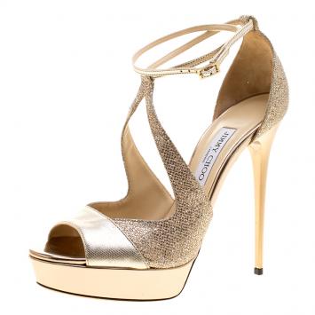 Pre Owned Jimmy Choo Metallic Beige Leather and Lamè Fabric Valdia Ankle Strap Platform Sandals Size 41
