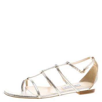 Pre Owned Jimmy Choo Metallic Silver Textured Leather Dory Open Toe Flat Sandals Size 40