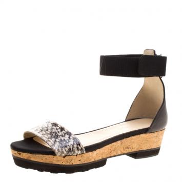 Pre Owned Jimmy Choo Grey Watersnake Neat Ankle Strap Cork Wedge Platform Sandals Size 41
