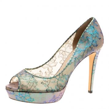 Pre Owned Jimmy Choo Metallic Holographic Lace Dahlia Peep Toe Platform Pumps Size 41