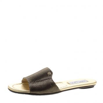 Pre Owned Jimmy Choo Metallic Black Embossed Leather Nanda Flat Slides Size 36.5
