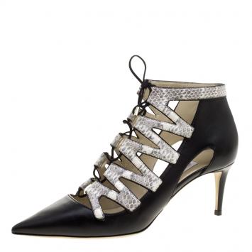 Pre Owned Jimmy Choo Black Leather and Embossed Snakeskin Dixon Cut Out Pointed Toe Pumps Size 40
