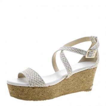 Pre Owned Jimmy Choo Two Tone Woven Fabric Portia Cork Wedge Cross Strap Sandals Size 39