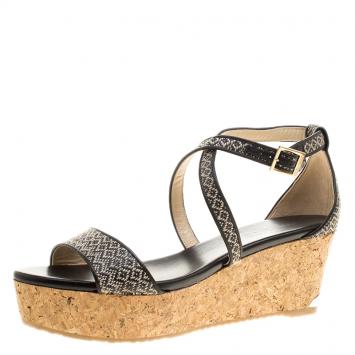 Pre Owned Jimmy Choo Black/Beige Woven Straw and Fabric Portia Cork Wedge Cross Strap Sandals Size 42