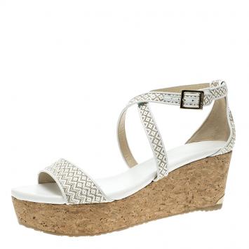 Pre Owned Jimmy Choo Two Tone Woven Fabric Portia Cork Wedge Cross Strap Sandals Size 41
