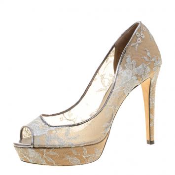 Pre Owned Jimmy Choo Metallic Silver Lace Dahlia Peep Toe Platform Pumps Size 39.5