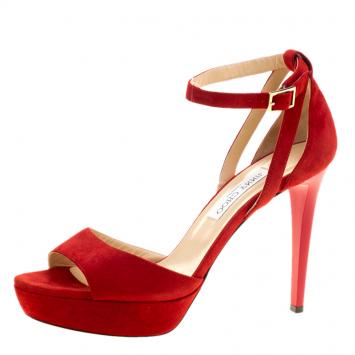 Pre Owned Jimmy Choo Red Suede Kayden Ankle Wrap Platform Sandals Size 41