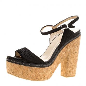 Pre Owned Jimmy Choo Black Embossed Suede Naylor Platform Cork Ankle Strap Sandals Size 41