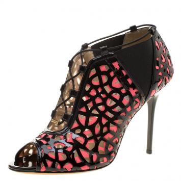 Pre Owned Jimmy Choo Two Tone Laser Cut Leather and Fabric Tactic Lace Up Booties Size 39.5