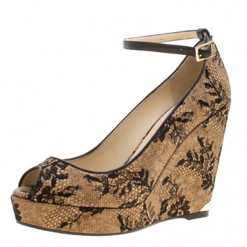 Pre Owned Jimmy Choo Beige Cork and Lace Pacific Peep Toe Ankle Strap Wedge Pumps Size 41