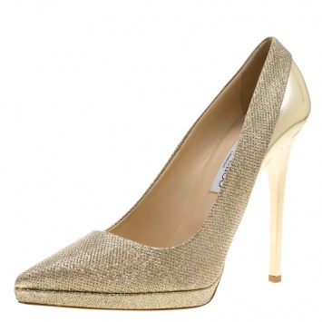 Pre Owned Jimmy Choo Metallic Gold Lamè and Leather Aude Pointed Toe Platform Pumps Size 41