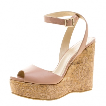 Pre Owned Jimmy Choo Cream Leather Patara Embroidered Cork Wedges Size 41