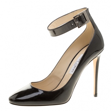 Pre Owned Jimmy Choo Black Glitter Patent Leather Helena  Ankle Strap Pumps Size 41