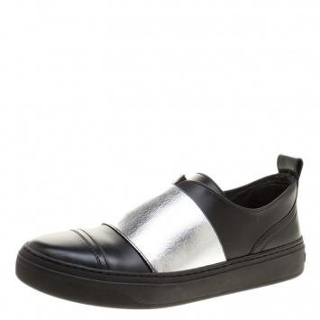 Pre Owned Jimmy Choo Black and Silver Leather Boston Slip On Sneakers Size 35.5
