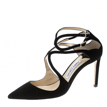 Pre Owned Jimmy Choo Black Suede Lancer Ankle Strap Pointed Toe Pumps Size 38