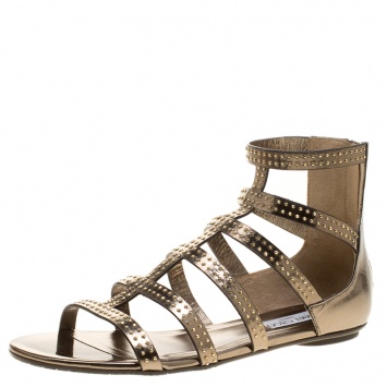 Pre Owned Jimmy Choo Metallic Studded Mirror Leather Nix Gladiator Flats Size 40