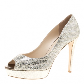 Pre Owned Jimmy Choo Silver Glitter Fabric Dahlia Peep Toe Platform Pumps Size 42