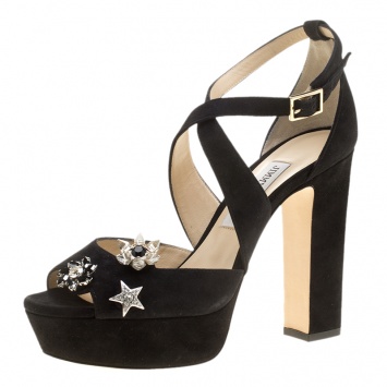 Pre Owned Jimmy Choo Black Suede Janet Cross Strap Platform Block Heel Sandals Size 38