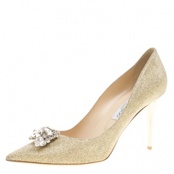 Pre Owned Jimmy Choo Metallic Gold Lamè Glitter Fabric Mamey Crystal Embellished Pointed Toe Pumps Size 42