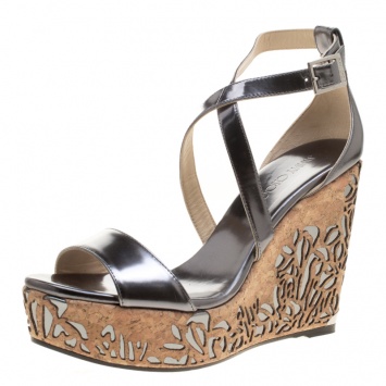 Pre Owned Jimmy Choo Metallic Grey Portia Laser Cut Cork Wedge Cross Strap Sandals Size 41