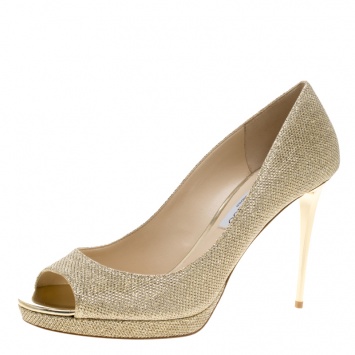 Pre Owned Jimmy Choo Metallic Gold Lamè Glitter Fabric Luna Peep Toe Platform Pumps Size 42