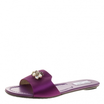 Pre Owned Jimmy Choo Purple Satin Naya Crystal Embellished Flat Slides Size 40