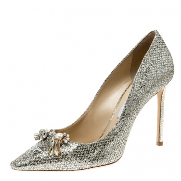 Pre Owned Jimmy Choo Metallic Champagne Glitter Fabric Jasmine Crystal Embellished Pointed Toe Pumps Size 40