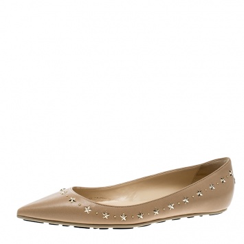 Pre Owned Jimmy Choo Beige Leather Windsor Star Embellished Pointed Toe Flats Size 40