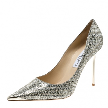 Pre Owned Jimmy Choo Metallic Champagne Lamé Glitter Fabric Abel Pointed Toe Pumps Size 42
