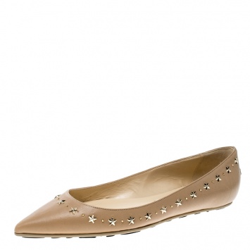 Pre Owned Jimmy Choo Beige Leather Windsor Star Embellished Pointed Toe Flats Size 37.5