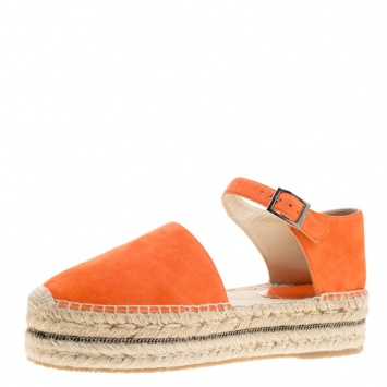 Pre Owned Jimmy Choo Pop Orange Suede Delphine Ankle Strap Espadrille Platform Flats Size 41