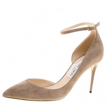 Pre Owned Jimmy Choo Beige Suede Lucy Ankle Strap Pointed Toe D'orsay Pumps Size 40