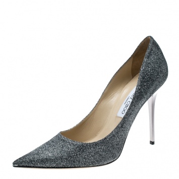 Pre Owned Jimmy Choo Metallic Grey Lamè Glitter Fabric Abel Pointed Toe Pumps Size 41
