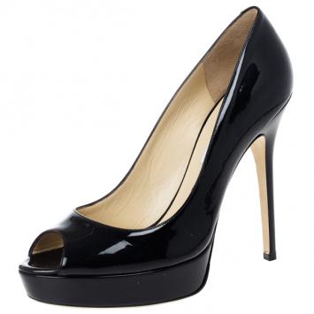 Pre Owned Jimmy Choo Black Patent Crown Peep Toe Pumps Size 39