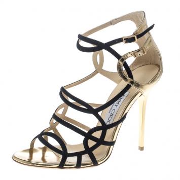 Pre Owned Jimmy Choo Black and Gold Fabric Strappy Sandals Size 37.5