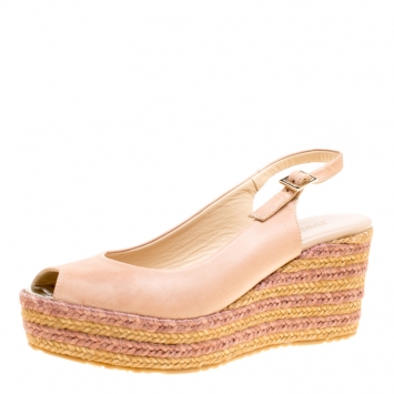 Pre Owned Jimmy Choo Beige Leather Praise Espadrille Wedge Peep Toe Sandals Size 37.5