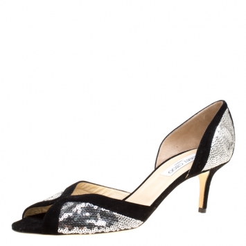 Pre Owned Jimmy Choo Metallic Silver Sequins and Black Suede Peep Toe D'orsay Pumps Size 42