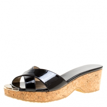 Pre Owned Jimmy Choo Black Patent Leather Panna Cork Mules Size 38