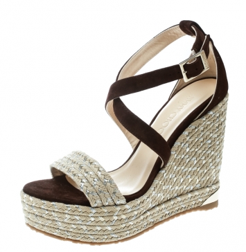 Pre Owned Jimmy Choo Dark Brown Suede Portia Espadrille Wedge Cross Strap Sandals Size 36