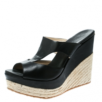 Pre Owned Jimmy Choo Black Cut Out Leather Pledge Espadrille Wedge Platform Sandals Size 42