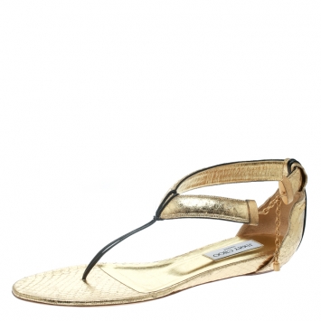 Pre Owned Jimmy Choo Metallic Gold Python Embossed Leather Flat Thong Sandals Size 41