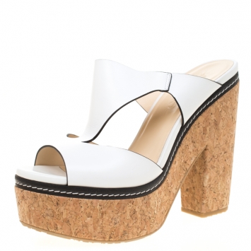 Pre Owned Jimmy Choo White Leather Nixie Cork Platform Sandals Size 41