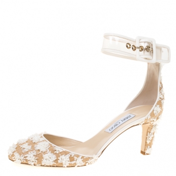 Pre Owned Jimmy Choo Beige/Off White Floral Woven Raffia Magic 65 Ankle Strap Round Toe Pumps Size 41