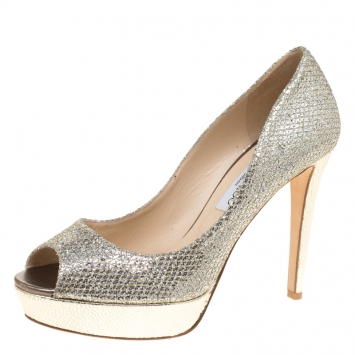Pre Owned Jimmy Choo Metallic Champagne Glitter Fabric Dahlia Platform Peep Toe Pumps Size 41