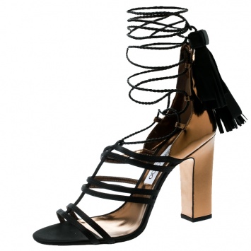 Pre Owned Jimmy Choo Metallic Gold Leather With Black Satin Diamond Block Heel Strappy Sandals Size 41