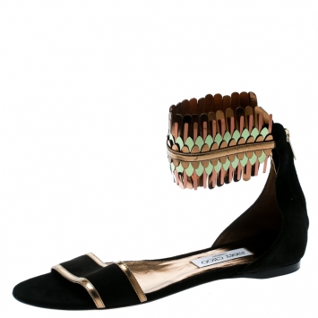 Pre Owned Jimmy Choo Black Suede and Mirror Leather Kimro Ankle Cuff Flat Sandals Size 40