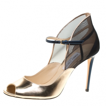Pre Owned Jimmy Choo Metallic Gold Leather With Blue Mesh Trudie Peep Toe Ankle Strap Pumps Size 41