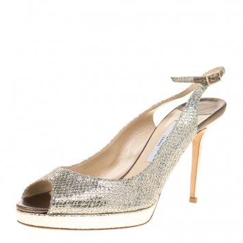 Pre Owned Jimmy Choo Metallic Gold Lamè Glitter Fabric Nova Peep Toe Platform Slingback Sandals Size 42