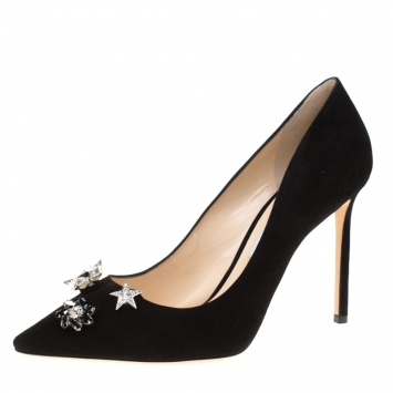 Pre Owned Jimmy Choo Black Suede Jasmine Button Embellished Pointed Toe Pumps Size 41